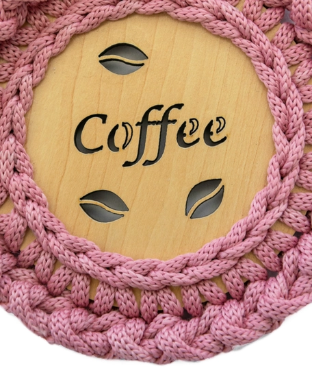 "Coffee" Light Wood Coaster with Crochet Frame - Multiple Colors - Dark Pink