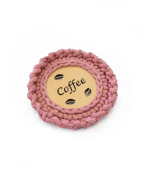 "Coffee" Light Wood Coaster with Crochet Frame - Multiple Colors - Dark Pink