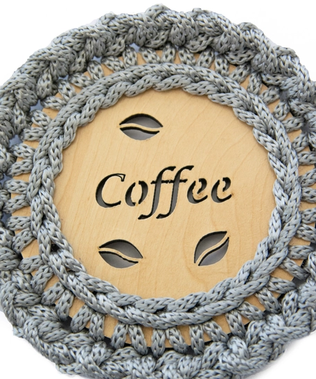 "Coffee" Light Wood Coaster with Crochet Frame - Multiple Colors - Dark Pink