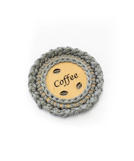 "Coffee" Light Wood Coaster with Crochet Frame - Multiple Colors - Dark Pink