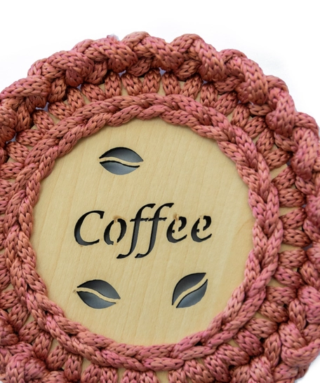 "Coffee" Light Wood Coaster with Crochet Frame - Multiple Colors - Dark Pink