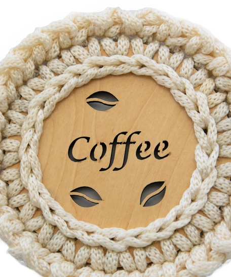 "Coffee" Light Wood Coaster with Crochet Frame - Multiple Colors - Dark Pink