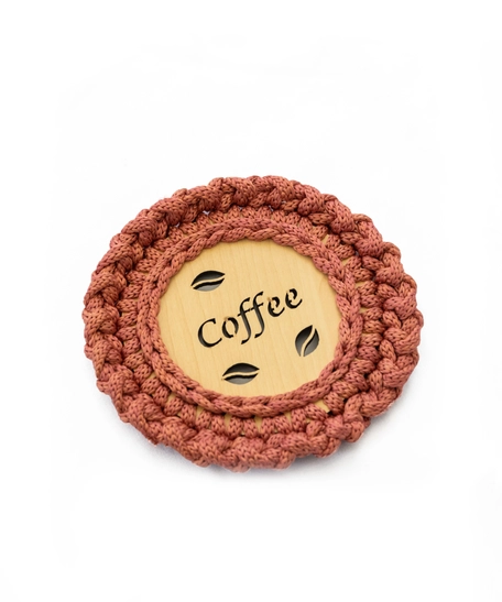 "Coffee" Light Wood Coaster with Crochet Frame - Multiple Colors - Dark Pink