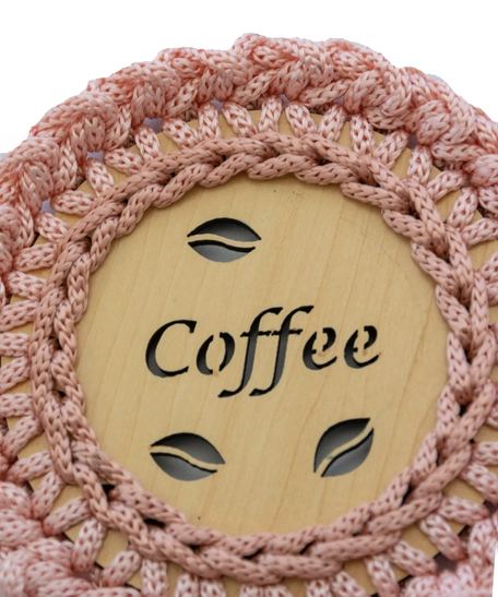 "Coffee" Light Wood Coaster with Crochet Frame - Multiple Colors - Dark Pink