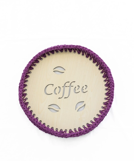 Light Wood "Coffee" Round Tray with Purple Crochet Frame 