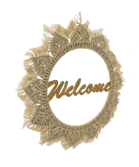 Beige Crochet Sun Wood Wall Hanging - Welcome