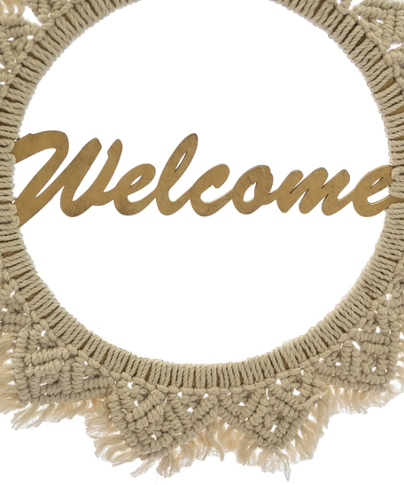 Beige Crochet Sun Wood Wall Hanging - Welcome