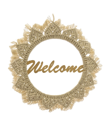 Beige Crochet Sun Wood Wall Hanging - Welcome