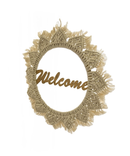 Beige Crochet Sun Wood Wall Hanging - Welcome