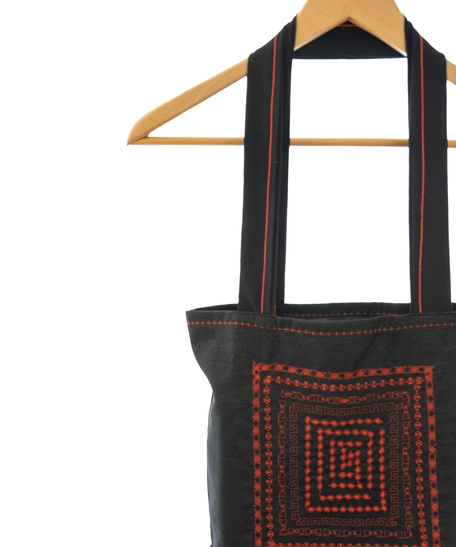 Black Tote Bag with Multiple Machine Embroidery Patterns in Red