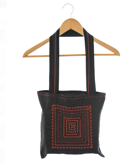 Black Tote Bag with Multiple Machine Embroidery Patterns in Red