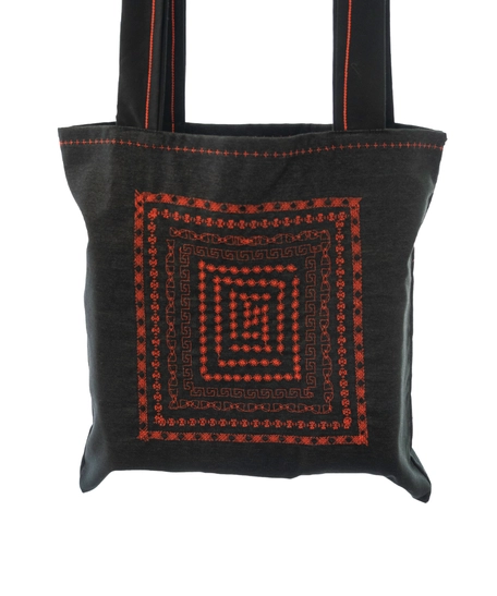 Black Tote Bag with Multiple Machine Embroidery Patterns in Red