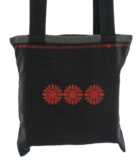 Black Tote Bag with Floral Machine Embroidery Patterns in Red