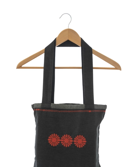 Black Tote Bag with Floral Machine Embroidery Patterns in Red