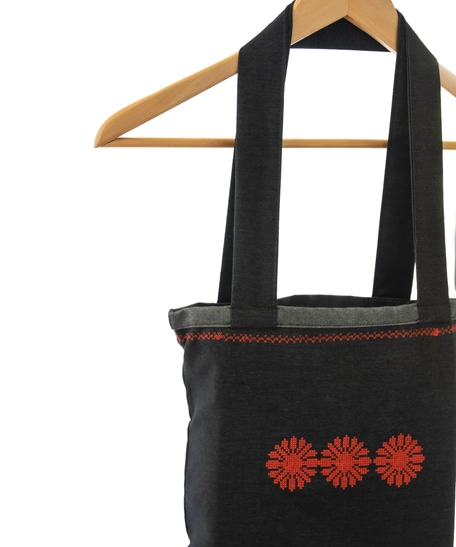 Black Tote Bag with Floral Machine Embroidery Patterns in Red