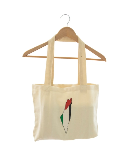 Beige Tote Bag with Machine Embroidered Palestine Map