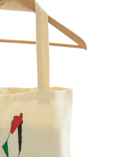 Beige Tote Bag with Machine Embroidered Palestine Map