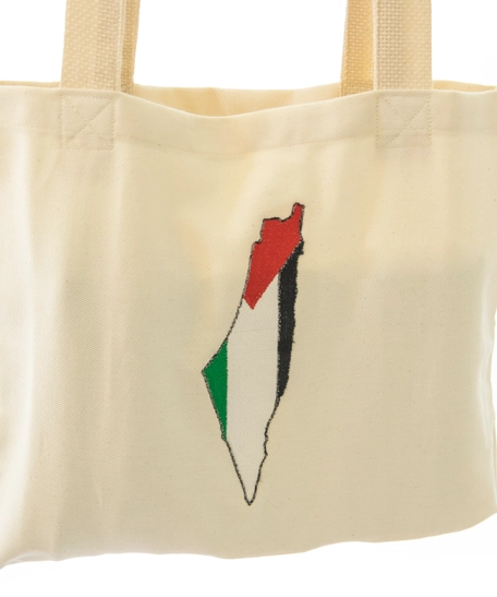 Beige Tote Bag with Machine Embroidered Palestine Map