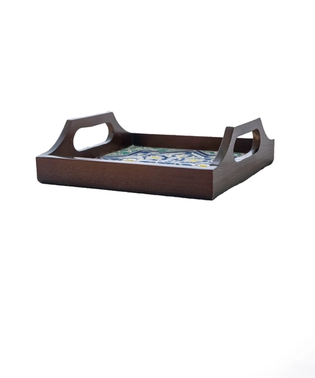 Square Dark Wood Serving Tray with Hand-Painted Ceramic in Blue & Turquoise