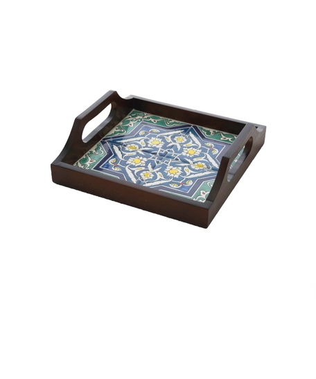 Square Dark Wood Serving Tray with Hand-Painted Ceramic in Blue & Turquoise