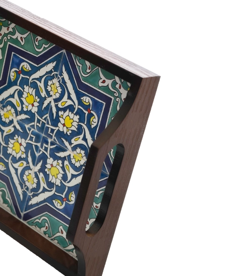 Square Dark Wood Serving Tray with Hand-Painted Ceramic in Blue & Turquoise