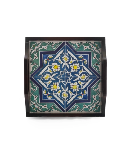 Square Dark Wood Serving Tray with Hand-Painted Ceramic in Blue & Turquoise