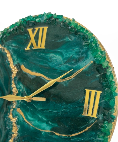 Resin Wood Wall Clock with Roman Numeral - Green & Gold