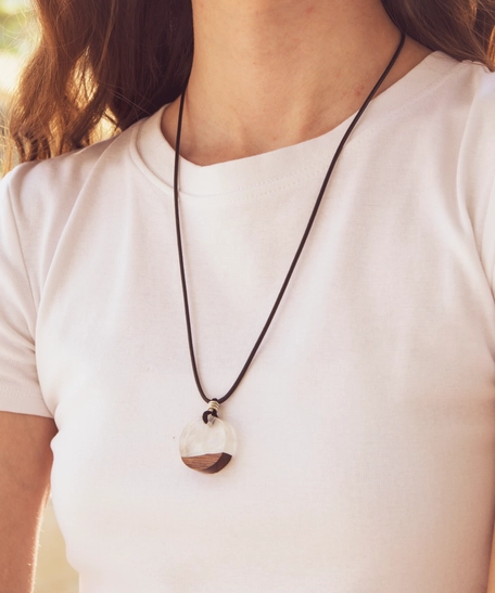 Unique Black Thin Necklace with Round Resin & Wood Pendant