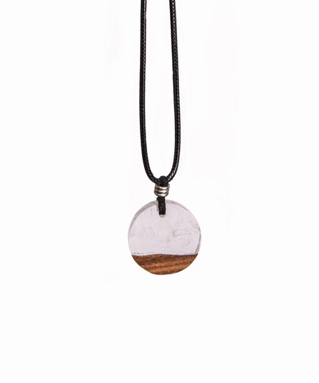 Unique Black Thin Necklace with Round Resin & Wood Pendant