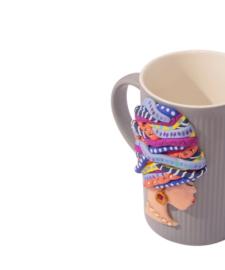 Gray Ceramic Mug Adorned with African Woman Figure