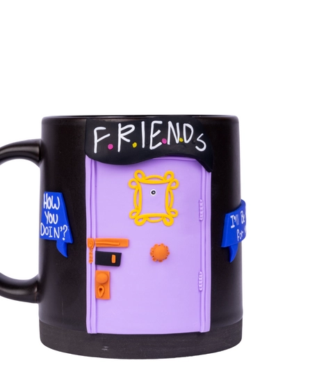 Black Ceramic Mug with Polymer Clay Decoration - Friends 