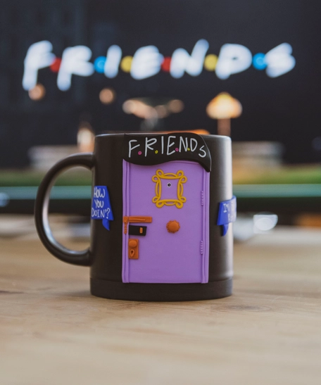 Black Ceramic Mug with Polymer Clay Decoration - Friends 