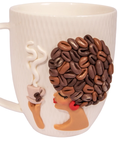 White Ceramic Mug with Polymer Clay Decoration of a Woman & Coffee Beans