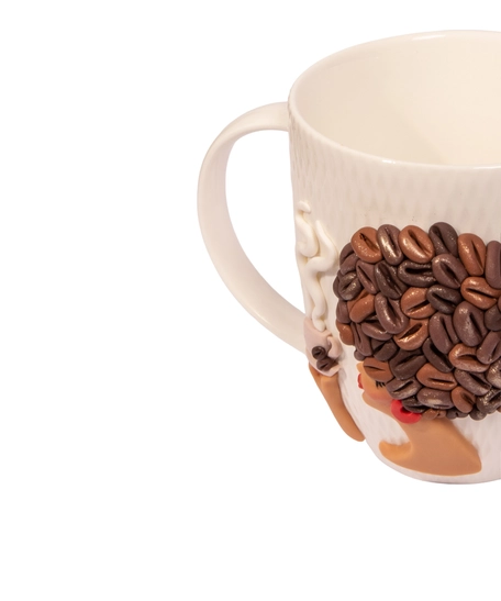 White Ceramic Mug with Polymer Clay Decoration of a Woman & Coffee Beans