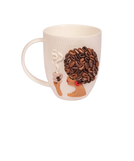 White Ceramic Mug with Polymer Clay Decoration of a Woman & Coffee Beans