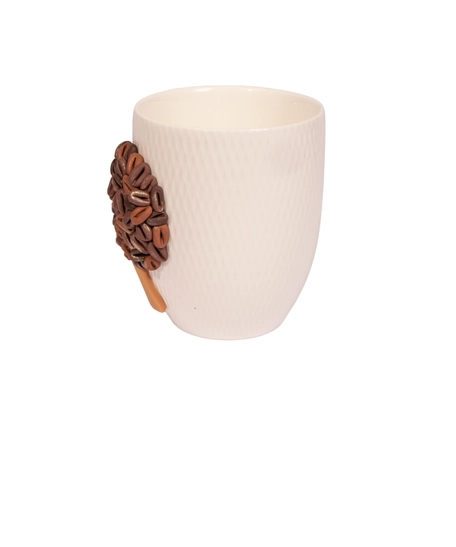 White Ceramic Mug with Polymer Clay Decoration of a Woman & Coffee Beans