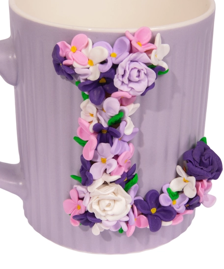 Matt Lavender Ceramic Mug Adorned with Floral L Letter