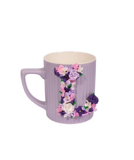 Matt Lavender Ceramic Mug Adorned with Floral L Letter