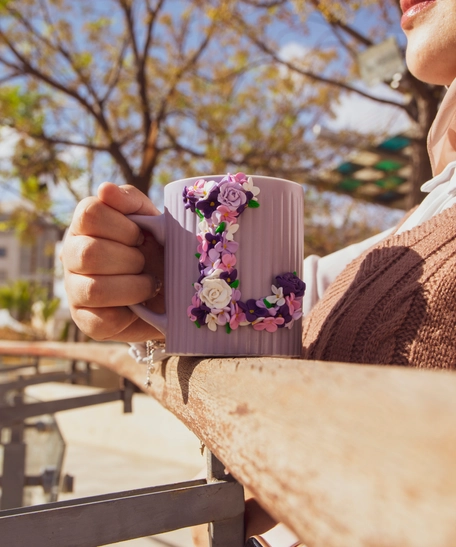 Matt Lavender Ceramic Mug Adorned with Floral L Letter