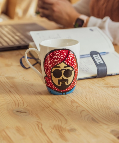 White Ceramic Mug with Hand Paintings of a Man Wearing Shemagh - Multiple Colors - Navy