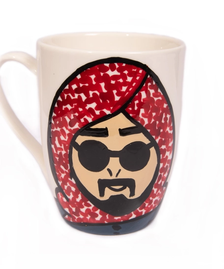 White Ceramic Mug with Hand Paintings of a Man Wearing Shemagh - Multiple Colors - Navy