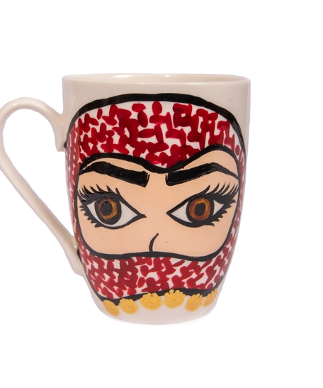 White Ceramic Mug Adorned with Hand Paintings - Woman Wearing a Shemagh