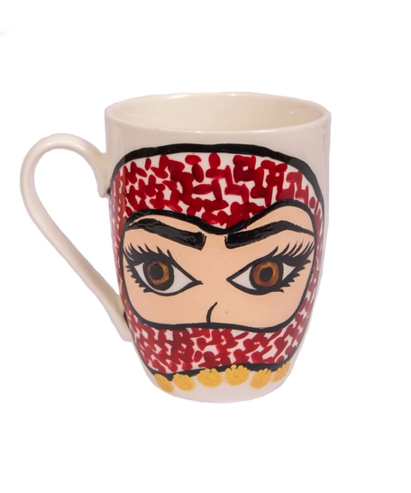 White Ceramic Mug Adorned with Hand Paintings - Woman Wearing a Shemagh