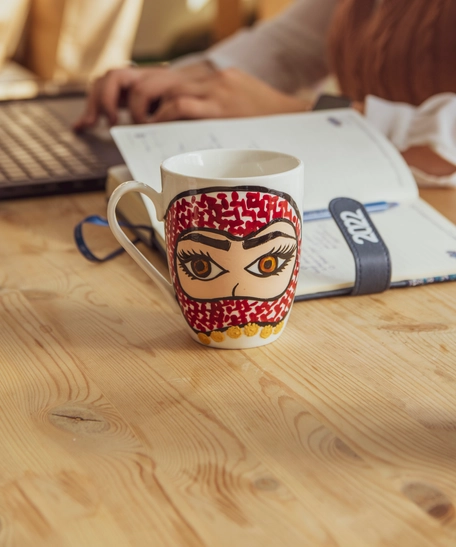 White Ceramic Mug Adorned with Hand Paintings - Woman Wearing a Shemagh