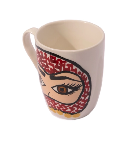 White Ceramic Mug Adorned with Hand Paintings - Woman Wearing a Shemagh