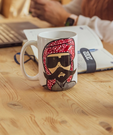 White Ceramic Mug with Hand Paintings - Man with Big Mustache