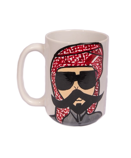 White Ceramic Mug with Hand Paintings - Man with Big Mustache