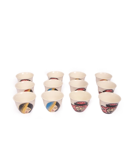 White Arabic Coffee Set with Elegant Hand Drawings - 1 Cup - Lady with Red Scarf