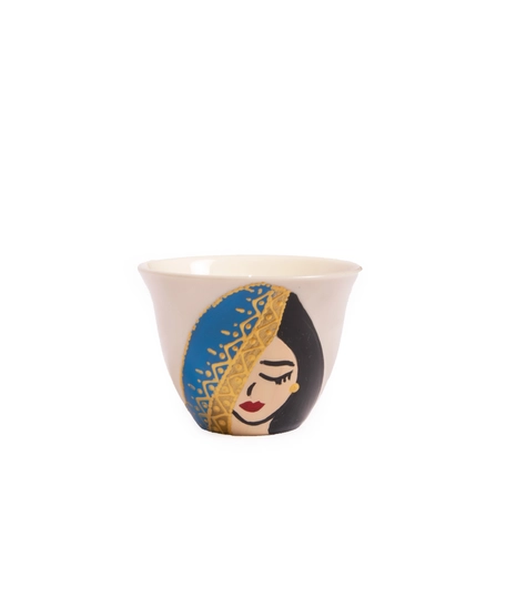 White Arabic Coffee Set with Elegant Hand Drawings - 1 Cup - Lady with Red Scarf