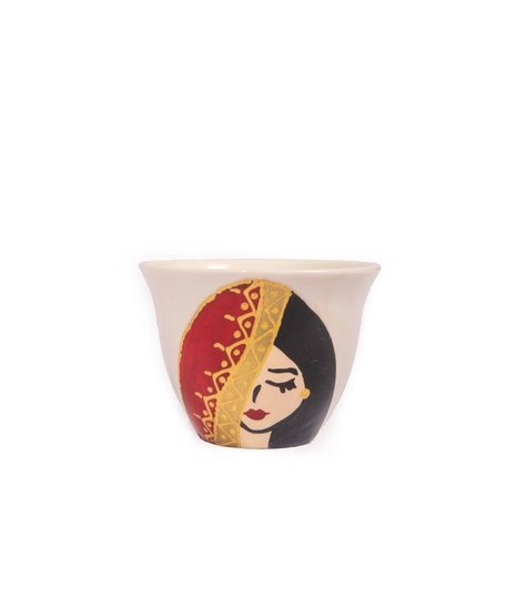 White Arabic Coffee Set with Elegant Hand Drawings - 1 Cup - Lady with Red Scarf